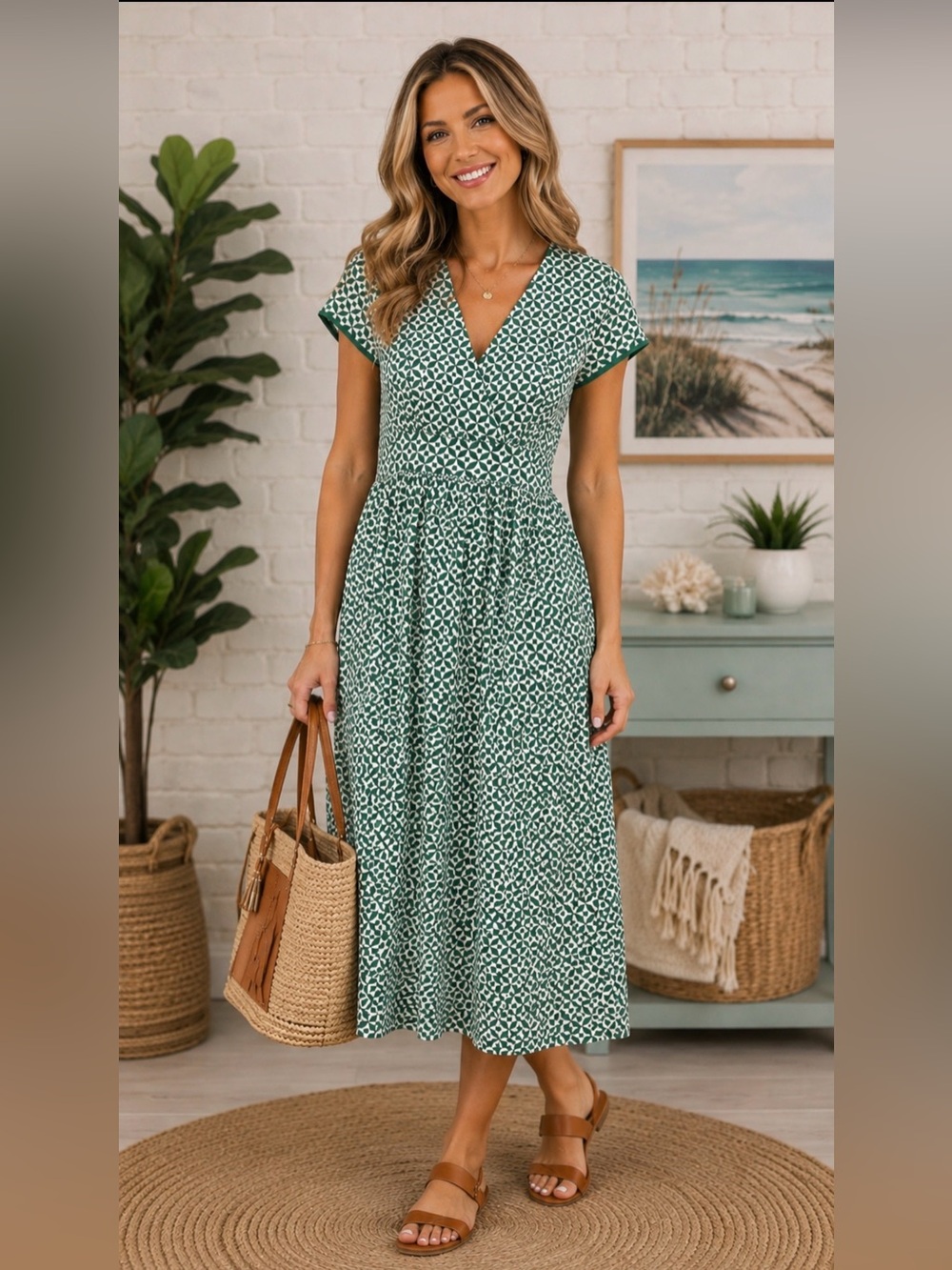 BODEN GEOMETRIC PRINT GREEN WHITE V NECK MIDI DRESS EMPIRE WAIST CAP SLEEVES 4